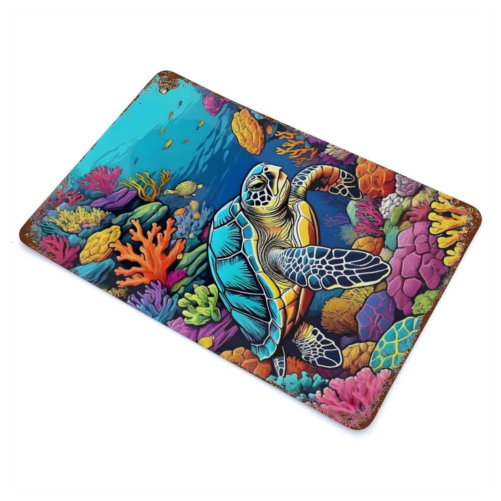 Rusty Metal Tin Sign Colorful Sea Turtle in Coral Reef 11.8"x7.9", Industrial Home Decor for Patio, Garden Room And Bar Decor