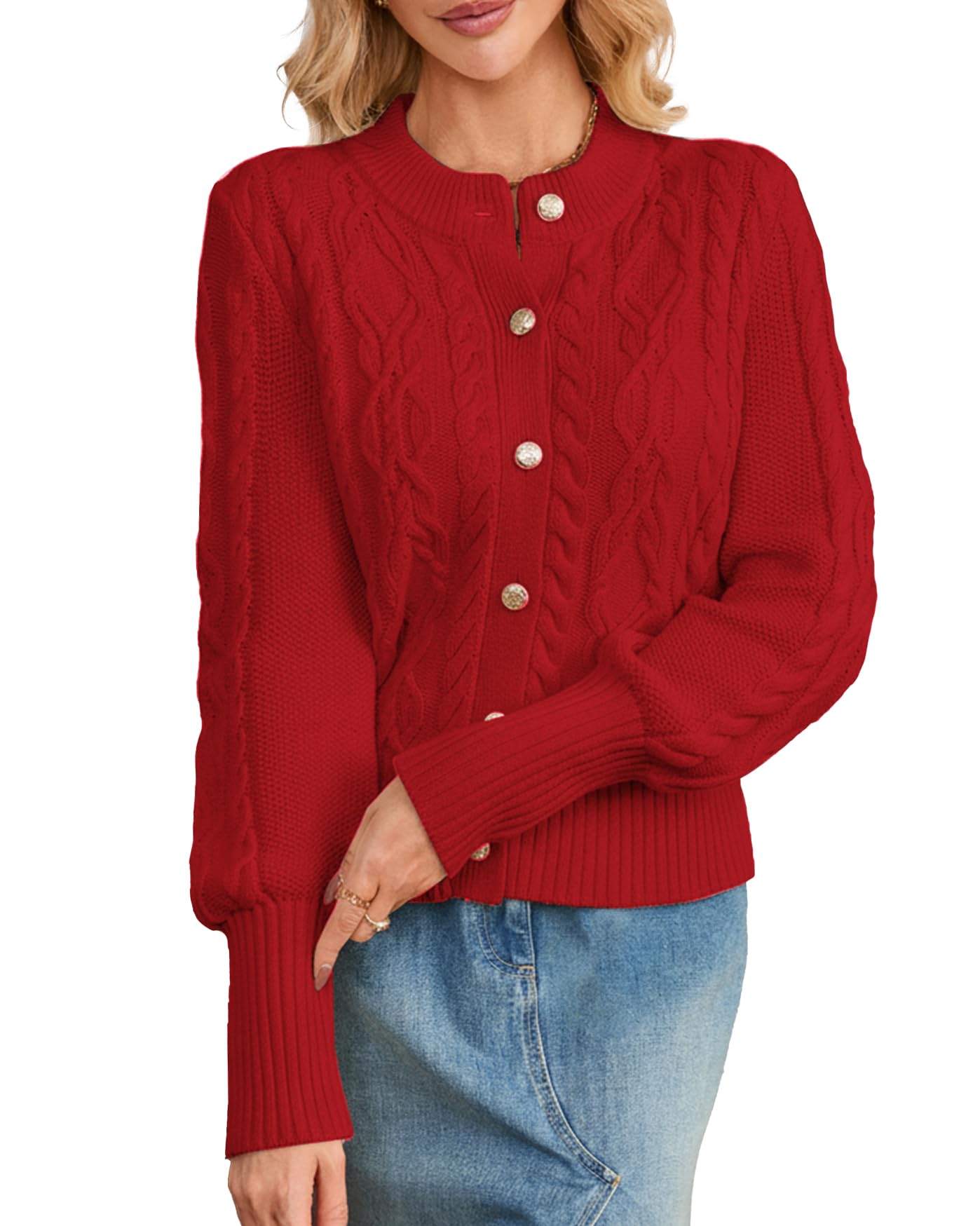 Womens Cardigan Sweater Button Down Long Sleeve Fall Jacket Short Chunky Cable Knit Open Front Loose Coat
