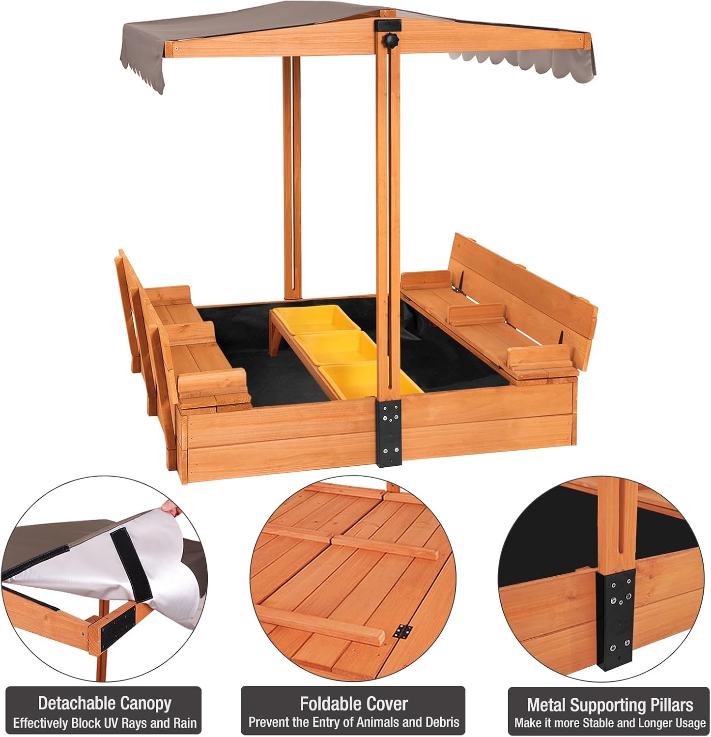 Wooden Kids Sandbox with Lid, Sand Box with Cover, Sand Pit with 2 Bench Seats and 3 Toy Bin Storage