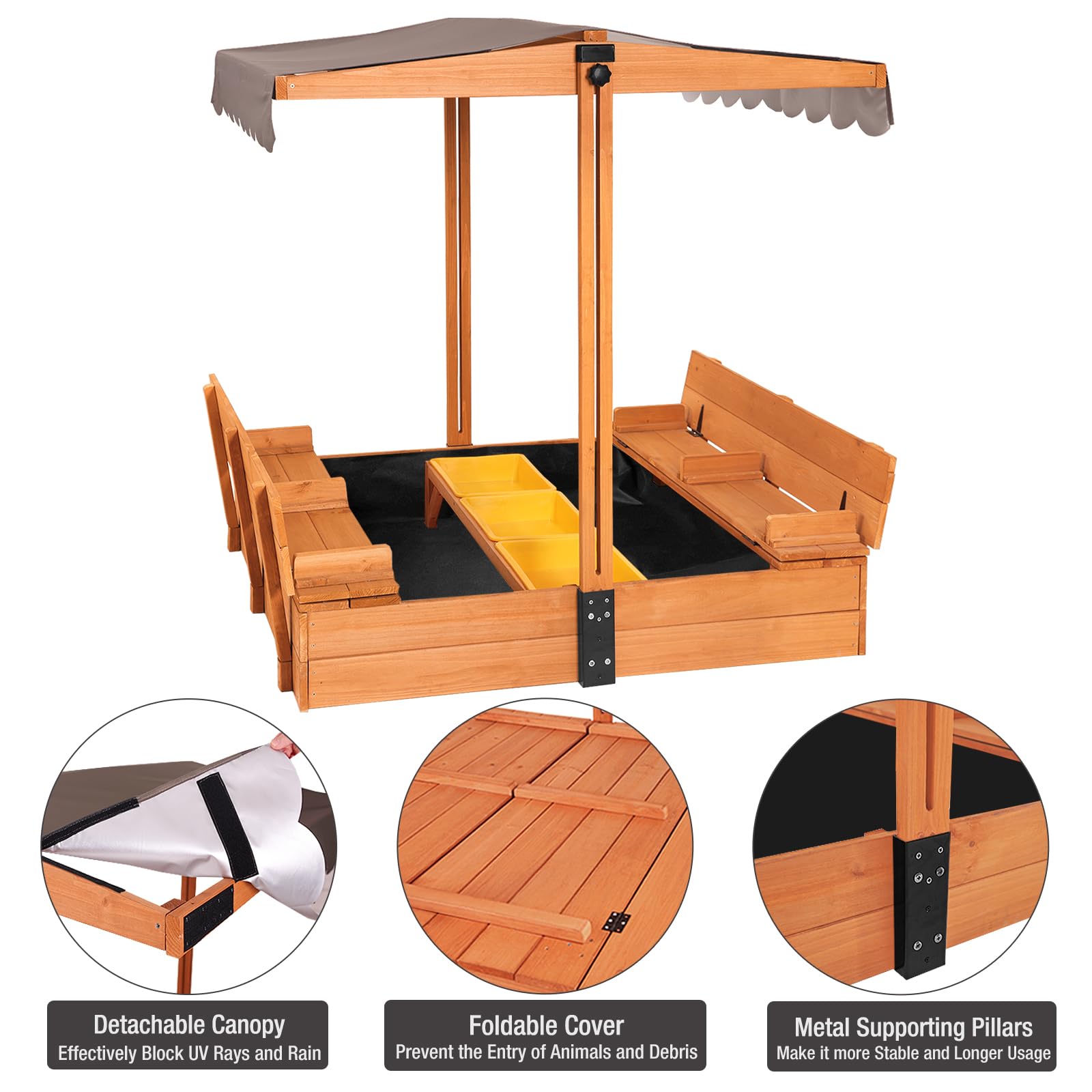 Kinder Sandkasten mit Abdeckung, 120x120x132cm Holz Deckel sandkiste mit aufziehbarer Dach, faltbaren Sitzbänken für draußen