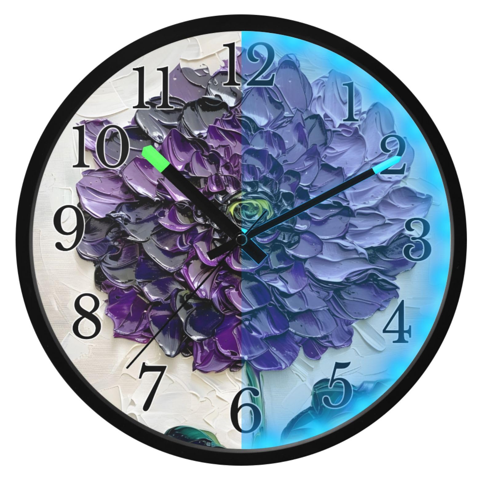 Mnsruu Dhalia - Reloj de pared luminoso con diseño de flores y hojas verdes, funciona con pilas, silencioso, brilla en la oscuridad, para sala de estar, cocina, 30,5 cm