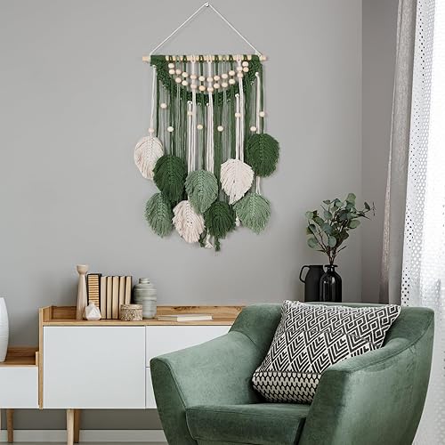 Miniatura 5 de Newwiee Tapiz tejido de macramé para colgar en la pared, diseño bohemio de macramé, tapiz verde, grande, elegante, para colgar en la pared de