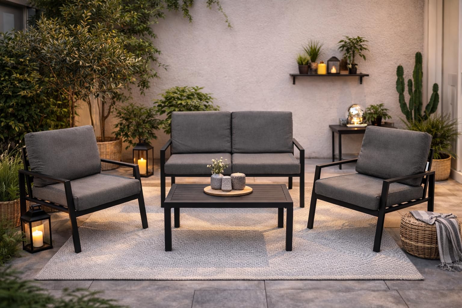 DEGAMO Loungeset Gartenset Vancouver 4-teilig, Aluminium anthrazit, Polster grau, wetterfest, Outdoor