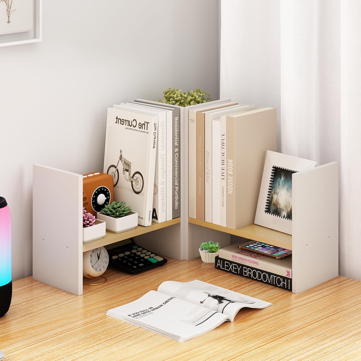 White Desk Organizers and Storage Small Desktop Bookshelf Length Expandable Desk Organization Shelves Counter Corner Book Shelf Adjustable Narrow Book Organizer for Desk Countertop