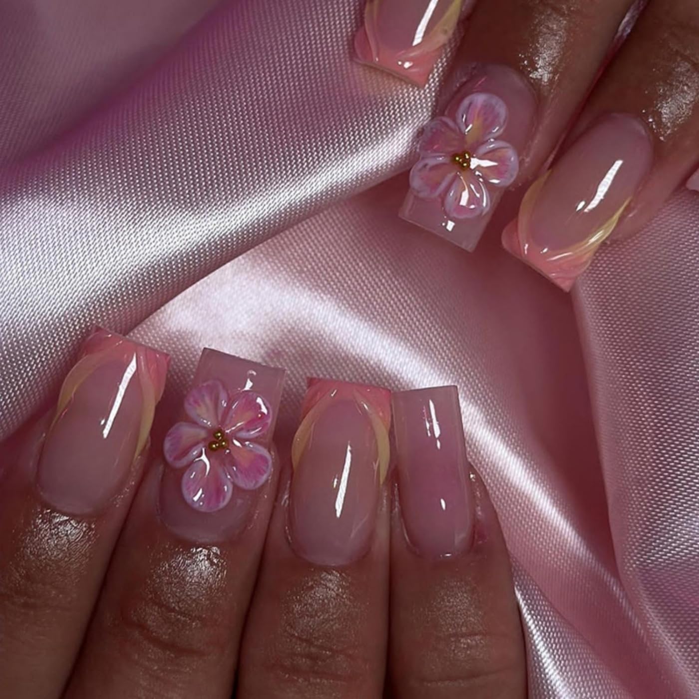 Press on Nails Medium Square French Tip Fake with Flower Water Ripple Design Full Cover Reusable Stick Pink Glue Acrylic for Women 24 PCS (Pink -33, Nails 33) Pink -33 0.04 Fl Oz (Pack of 24)