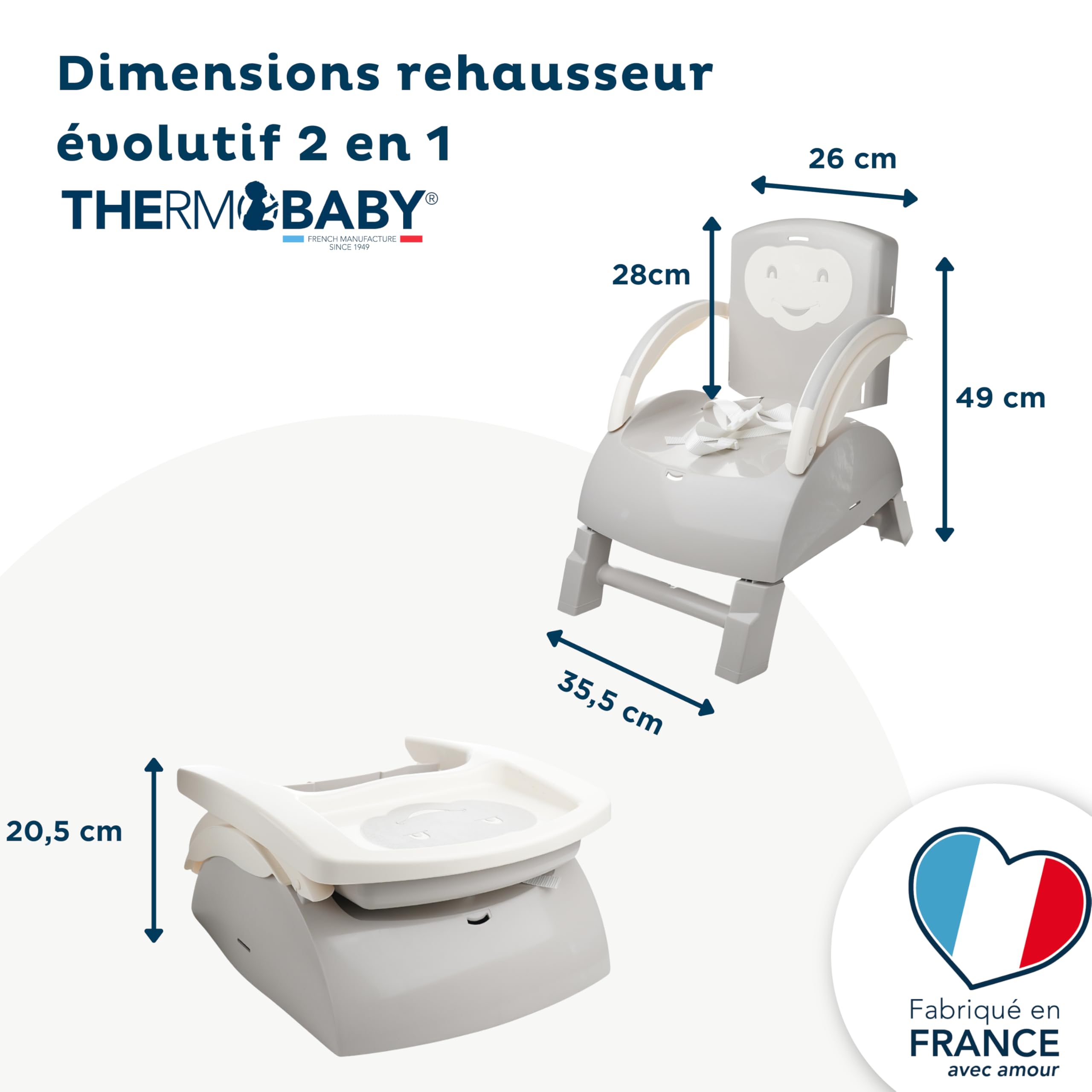 THERMOBABY Rehausseur de Chaise Évolutif 2en1 pour Enfant avec Tablette Amovible, Harnais 3 Points, Gris Velours