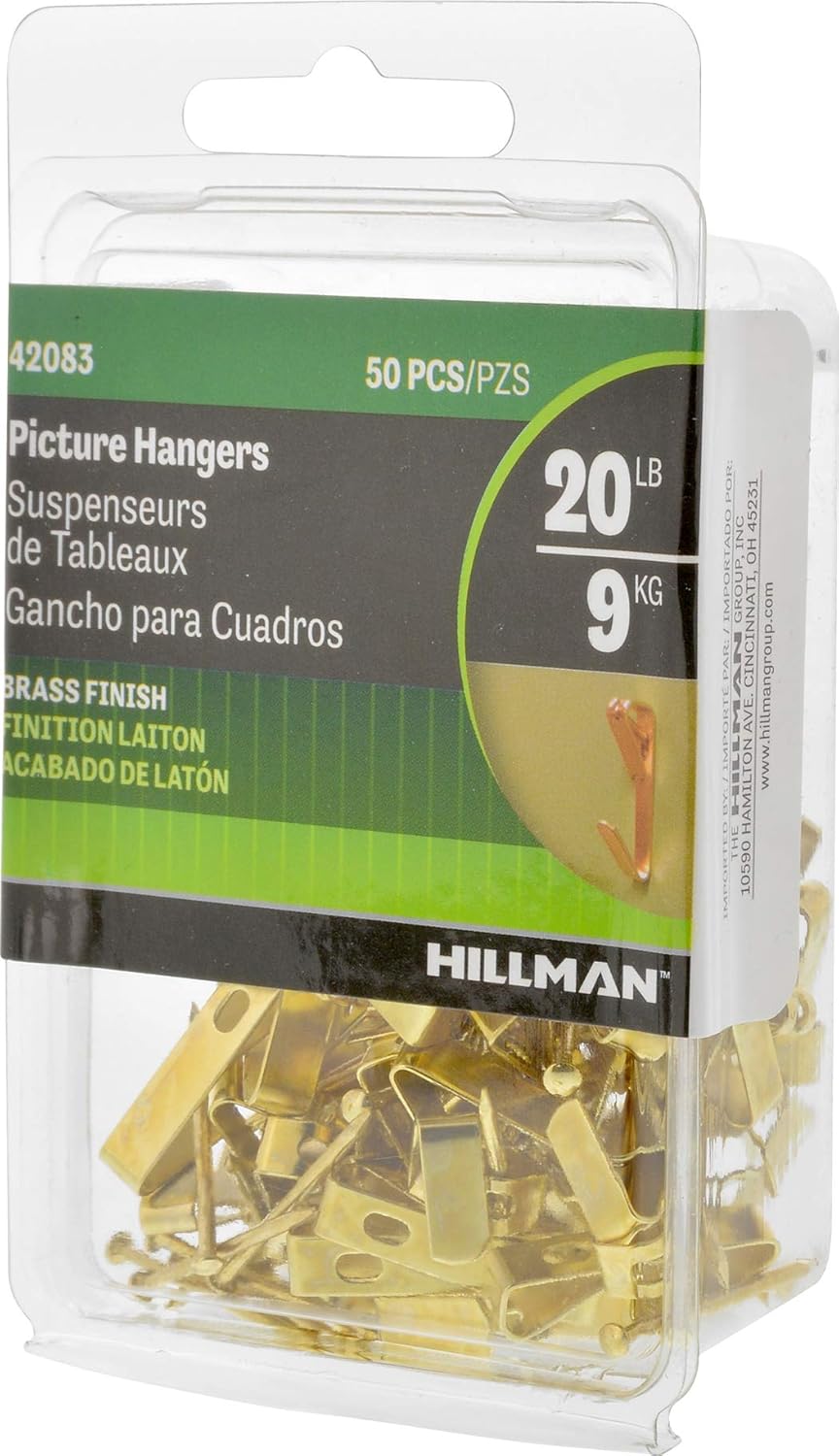 Hillman Hanging-Hardware 42083 Brass Conventional Picture Hangers (20lb), 50 Piece - Picture Hanging Hardware - 