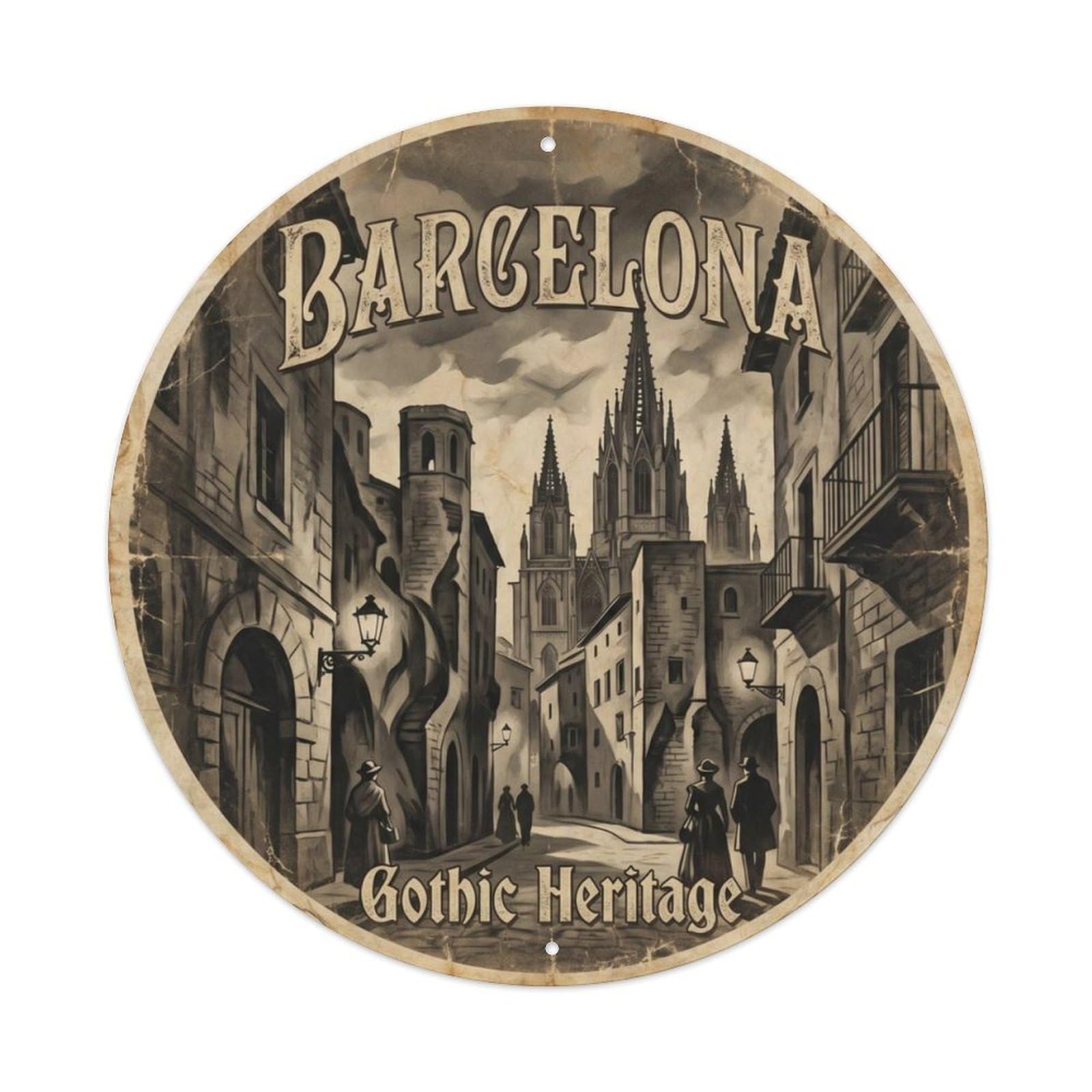 Vintage Travel Gothic Barcelona Quarter Metal Tin Sign Plaque Wall Decor for Cafe, Club Bar, Office, Home Garden Round Metal Poster 8x8Inch