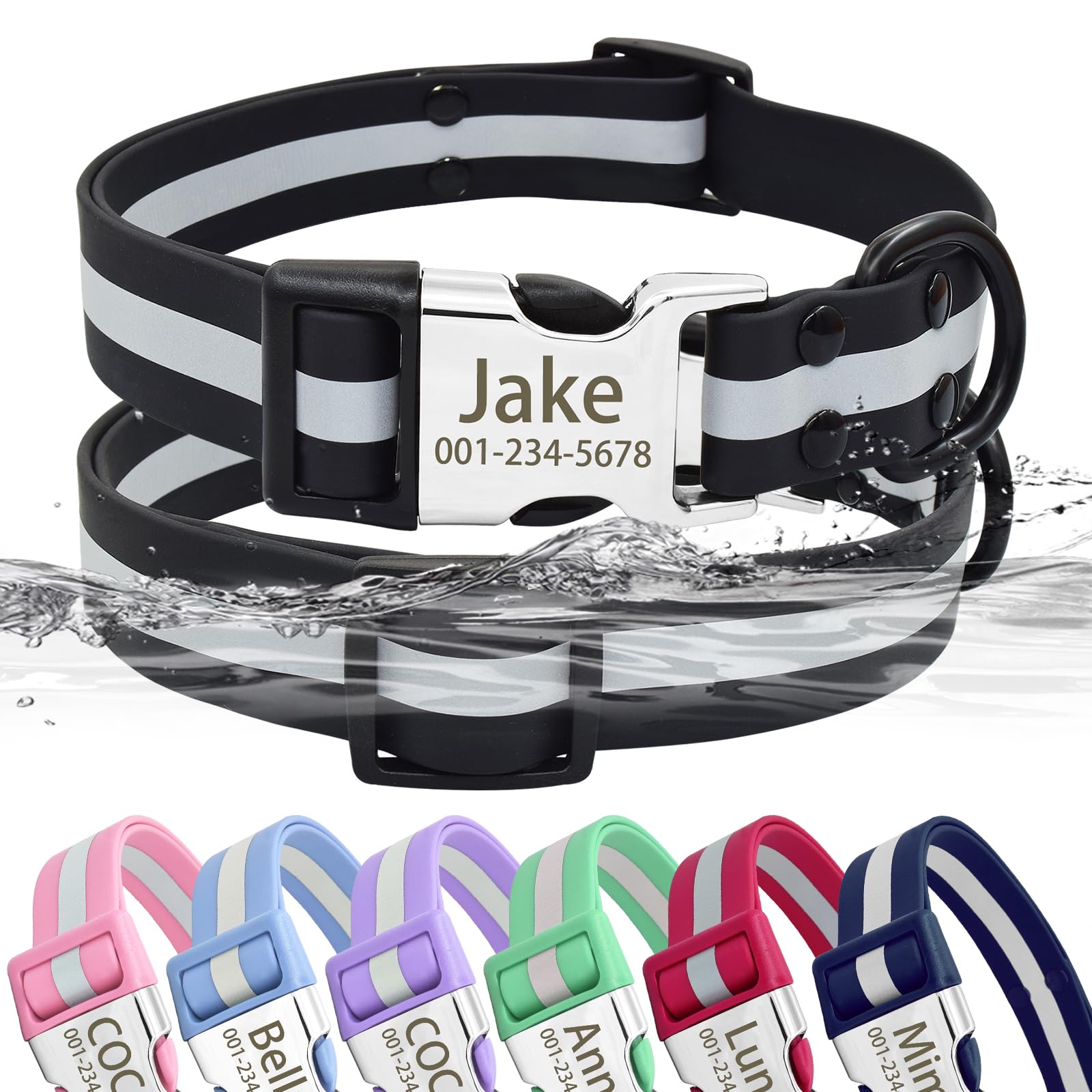 Senristar Personalised Waterproof & Reflective Dog Collar with Name Plate,Custom Easy Clean PVC Dog Collar with Buckle Engraved ID Name and Number (S(Width:3/5'', Fit 10.5''-16.5''),Black)