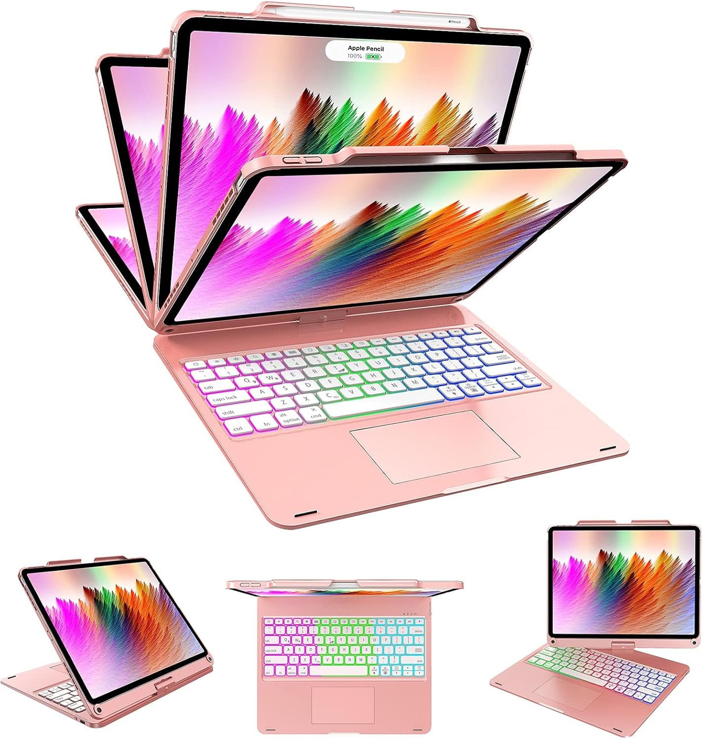 Swivel Wireless Keyboard Case for iPad Pro 12.9 (6th/5th/4th/3rd Gen), Rainbow Backlits & Multi-Touch Trackpad, Magic 360 Rotatable Protective Keyboard Cover with Pencil Holder,Thin & Light-Rose Gold