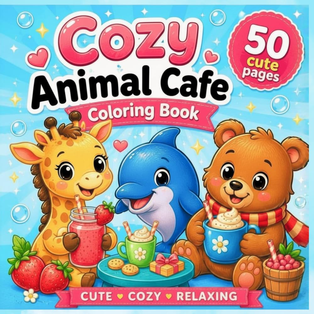 Cozy Animal Cafe Coloring Book: 50 Cute and Easy Animal Coloring Pages for Kids and Teens