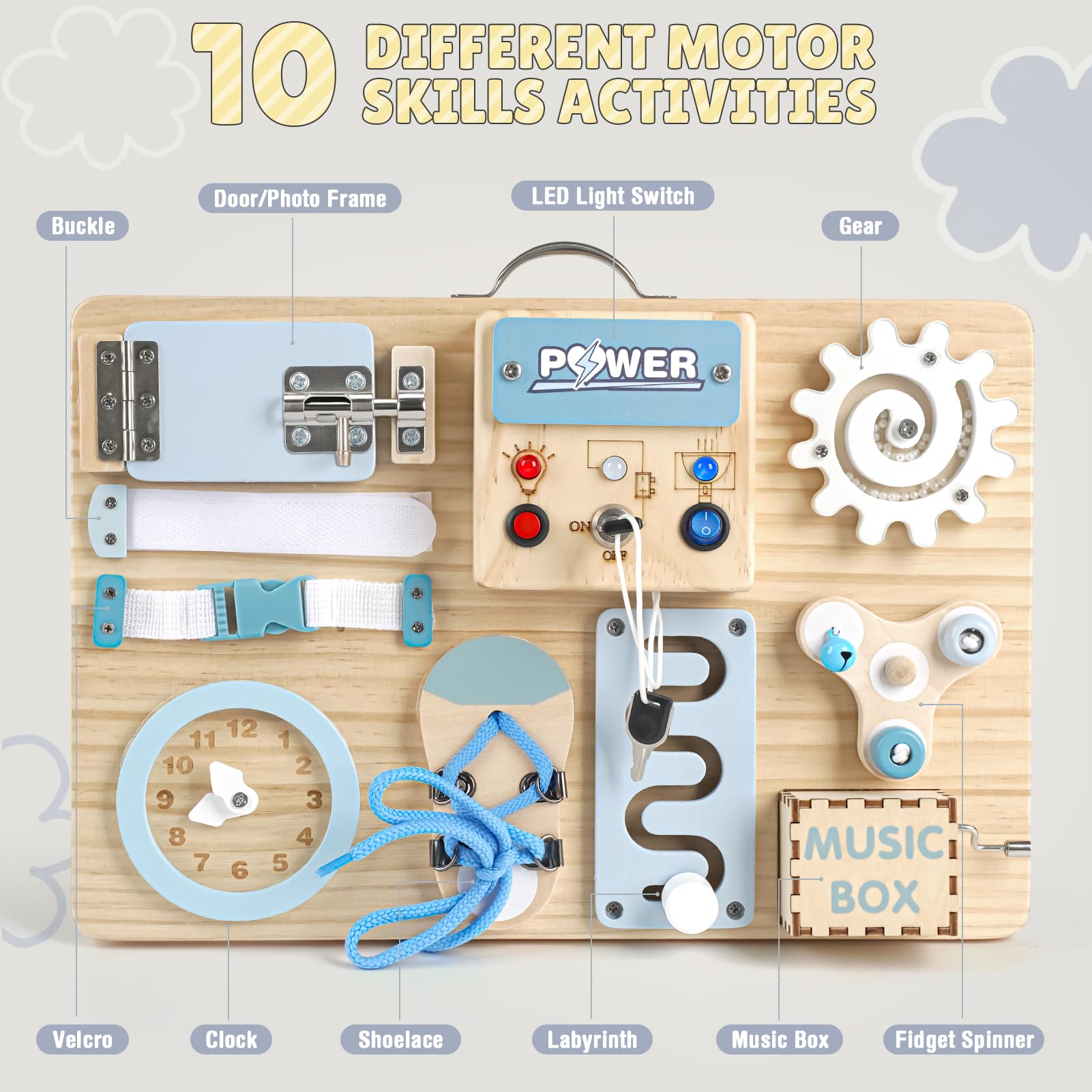 Joyreal Pannello Sensoriale Bambini Montessori - LED Busy Board Giochi Montessori Tavola Sensoriale Legno con Carillon Specchio Neonati Giochi Educativi Regalo