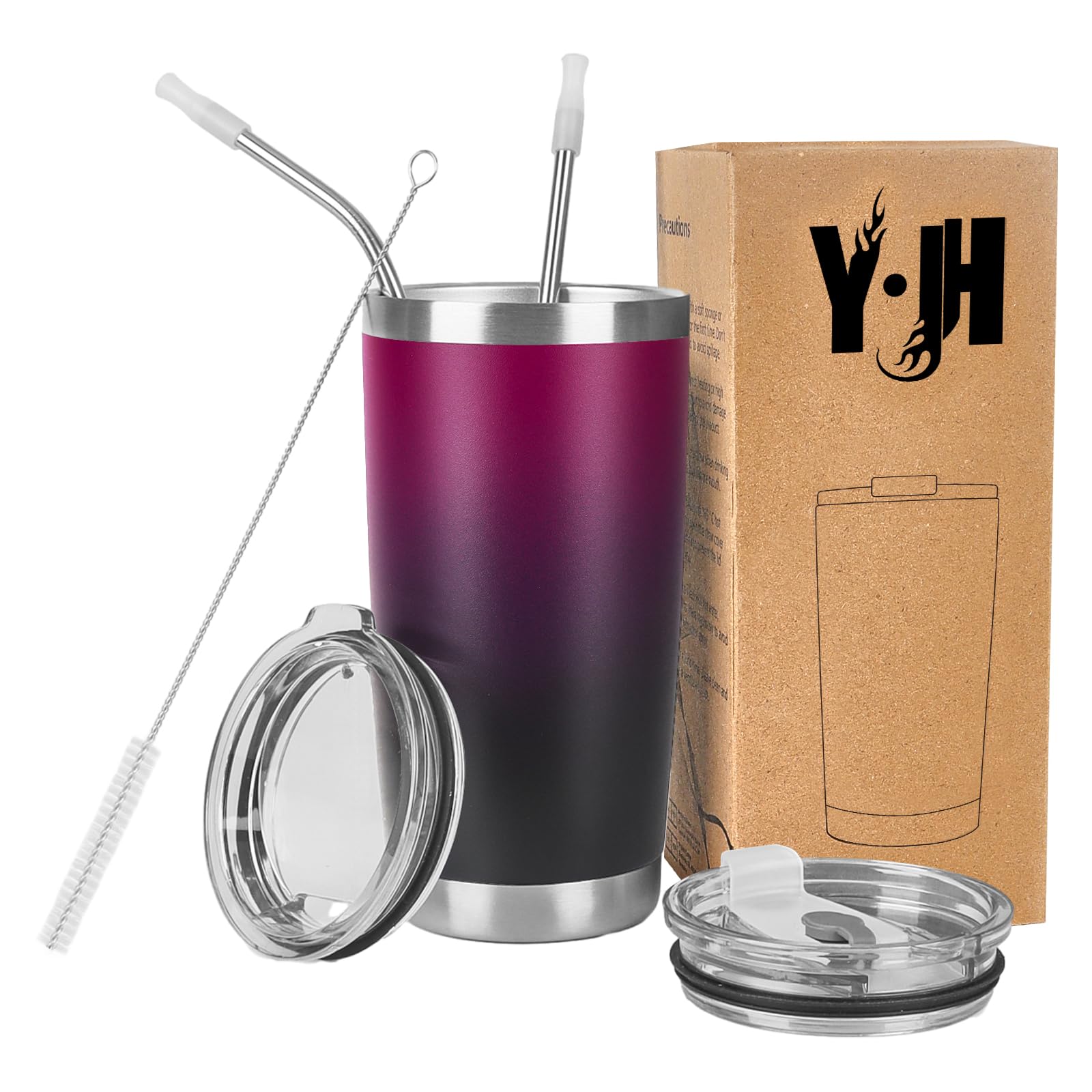 Y·J&H 20oz (550ml) Travel Tumbler Double Wall Vacuum Insulated Coffee Mug Stainless Steel Coffee Cup with 2 Splash Proof Lid