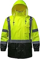 DPSAFETY Hi-Vis Class 3 Waterproof Rain Jacket for Men - Reflective Safety Coat, Black Bottom Lime, SM/MD