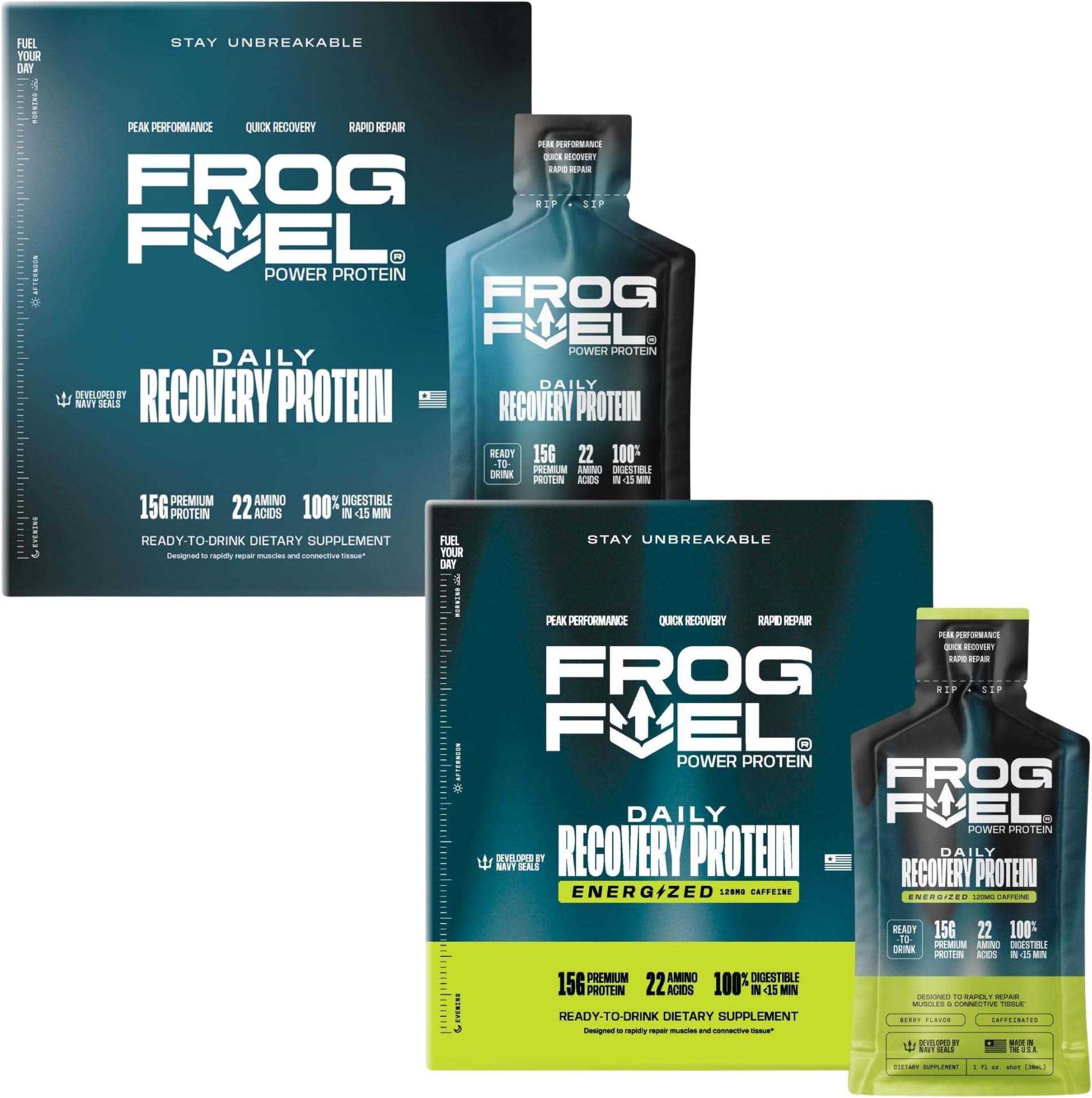 Power Regular & Power Energized Complete Protein Shot Bundle, 15g Protein Nano-Hydrolyzed Grass Fed Collagen, Post Workout, Fat & Sugar Free, 22 Amino Acids, Berry, 1 oz Packets, 48 Pack