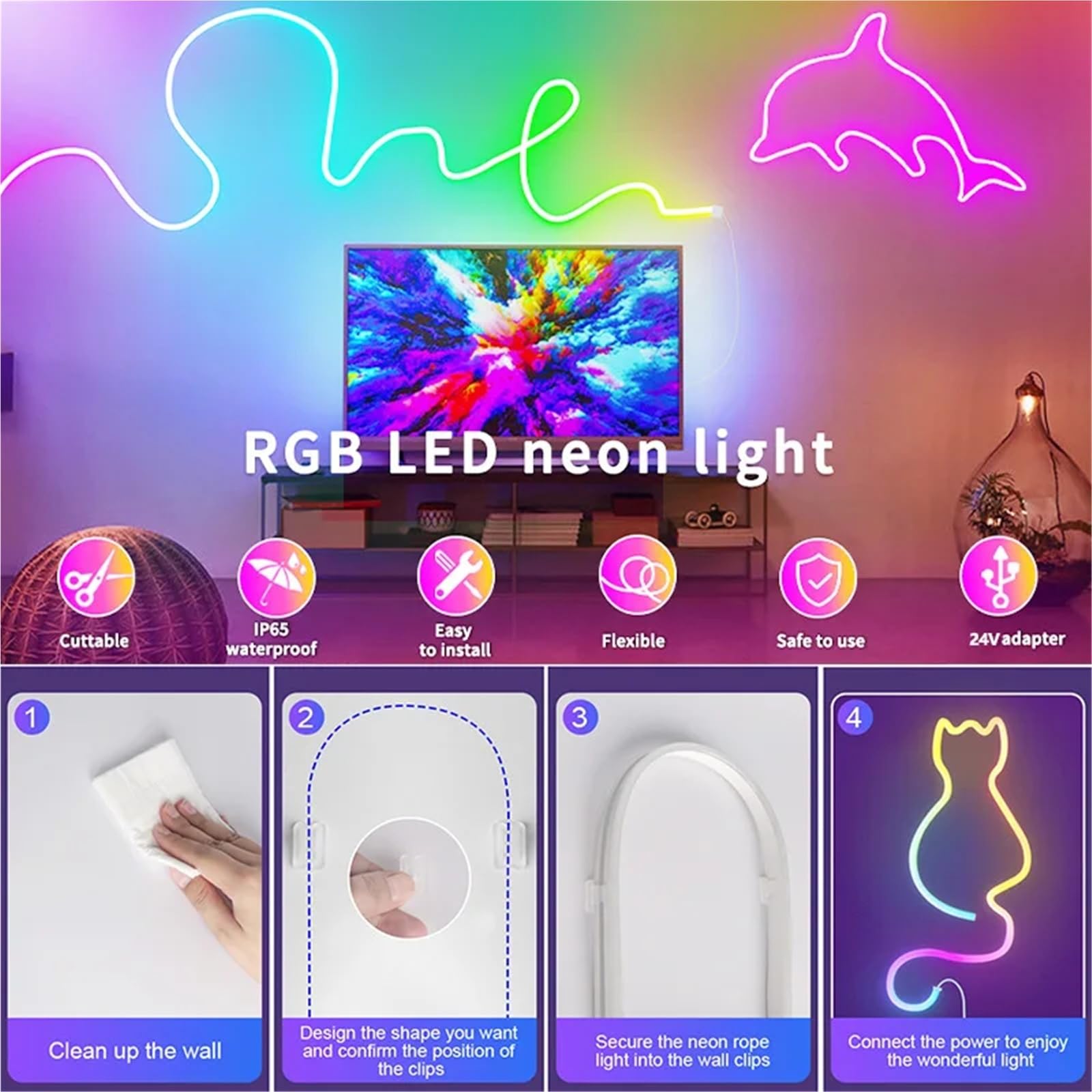 Neon LED Strip Lights 5V 84LEDs/M Silicone Rope Light with Wifi APP Control Music Sync RGB Tape for Room(Tuya wifi control,3m)