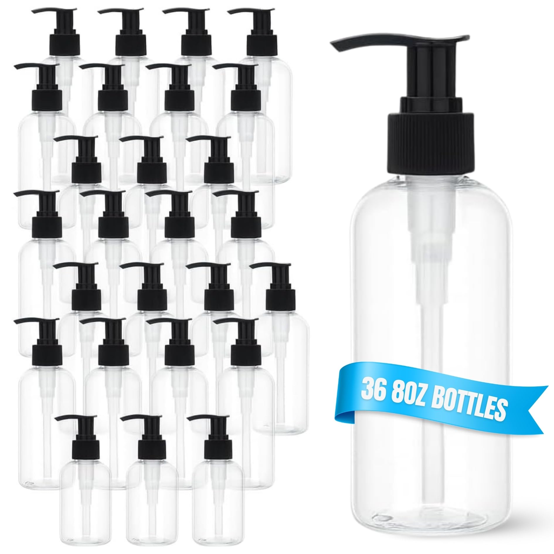ReGar 36 Pack Empty Pump Bottles 8oz – Clear Plastic Refillable Containers with Locking Pump Dispenser for Lotion, Shampoo, Soap, Oil, Cream,