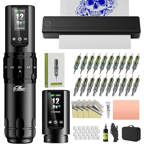 Filter Tattoo Stencil Printer Kit - Printer Machine with 7 Strokes 2.0-4.0mm Tattoo Gun Machine, Extra 1600mAh Power Supply, 20Pcs Tattoo Cartridge Needles for Beginners and Artists