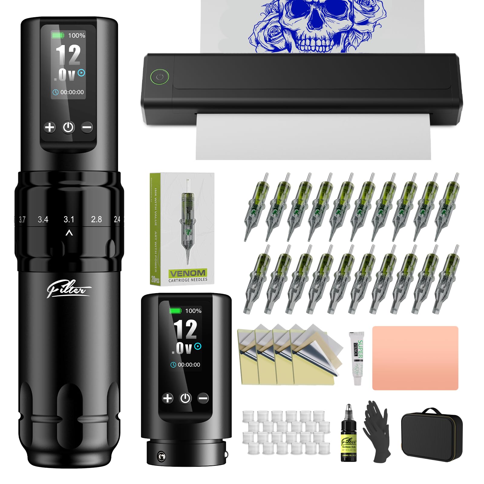 Filter Tattoo Stencil Printer Kit - Printer Machine with 7 Strokes 2.0-4.0mm Tattoo Gun Machine, Extra 1600mAh Power Supply, 20Pcs Tattoo Cartridge Needles for Beginners and Artists