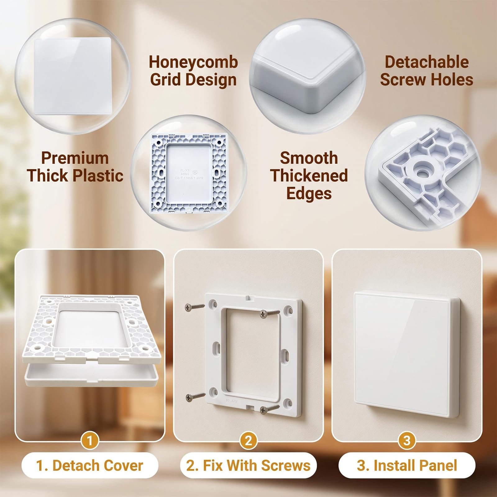 Tapa Ciega Enchufe Pared, Tapa Registro Electrico de 8,6 x 8,6 cm, Cubierta Ciega Empotrada de Plástico Sin Tornillos, Compatible con Enchufes o Interruptores No Utilizados (Blanco, 4 Unidades)