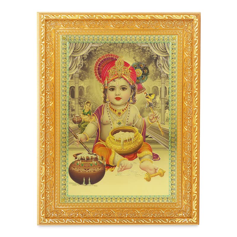 Image Bal Krishna cadre doré 28x35 cm décoration murale temple