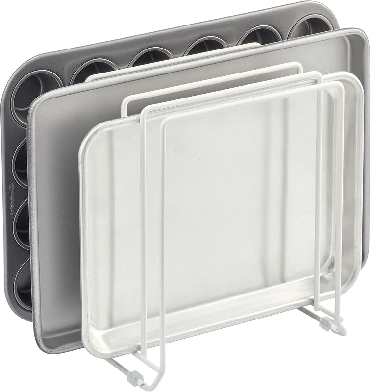 X-Large Steel Storage Tray Organizer Rack for Kitchen Cabinet - Divided Holder with 5 Slots for Skillets, Frying Pan, Pot Lids, Cutting Board, Baking Sheets - Concerto Collection - White