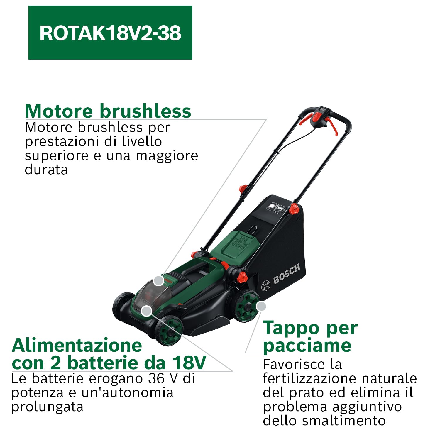 Bosch Rasaerba a batteria ROTAK18V2-38 senza batt./caric. | larghezza di taglio: 38 cm, altezza di taglio: 30-75 mm, sacco raccoglierba in tessuto da 40 l, tappo per pacciame
