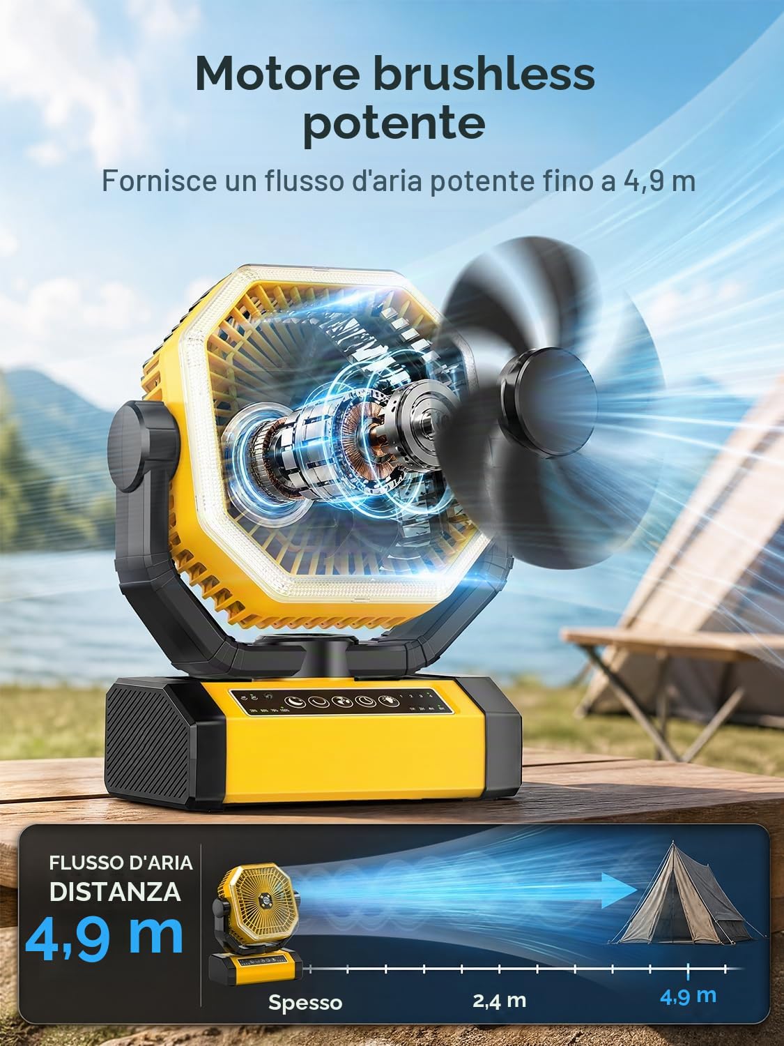 Ventilatore da tenda - Ventilatore da 9 pollici a batteria per il campeggio, 24000mAh 60h, ventilatore portatile ricaricabile con luce, telecomando, 4 velocità, 4 timer, testa oscillante, giallo