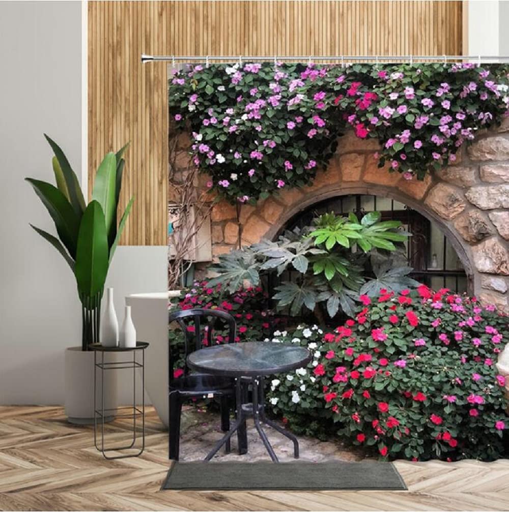 Tenda Doccia 3D 180x180 Cm Con Paesaggio In Pietra Blu E Finestra Retrò, Inclusi 12 Ganci