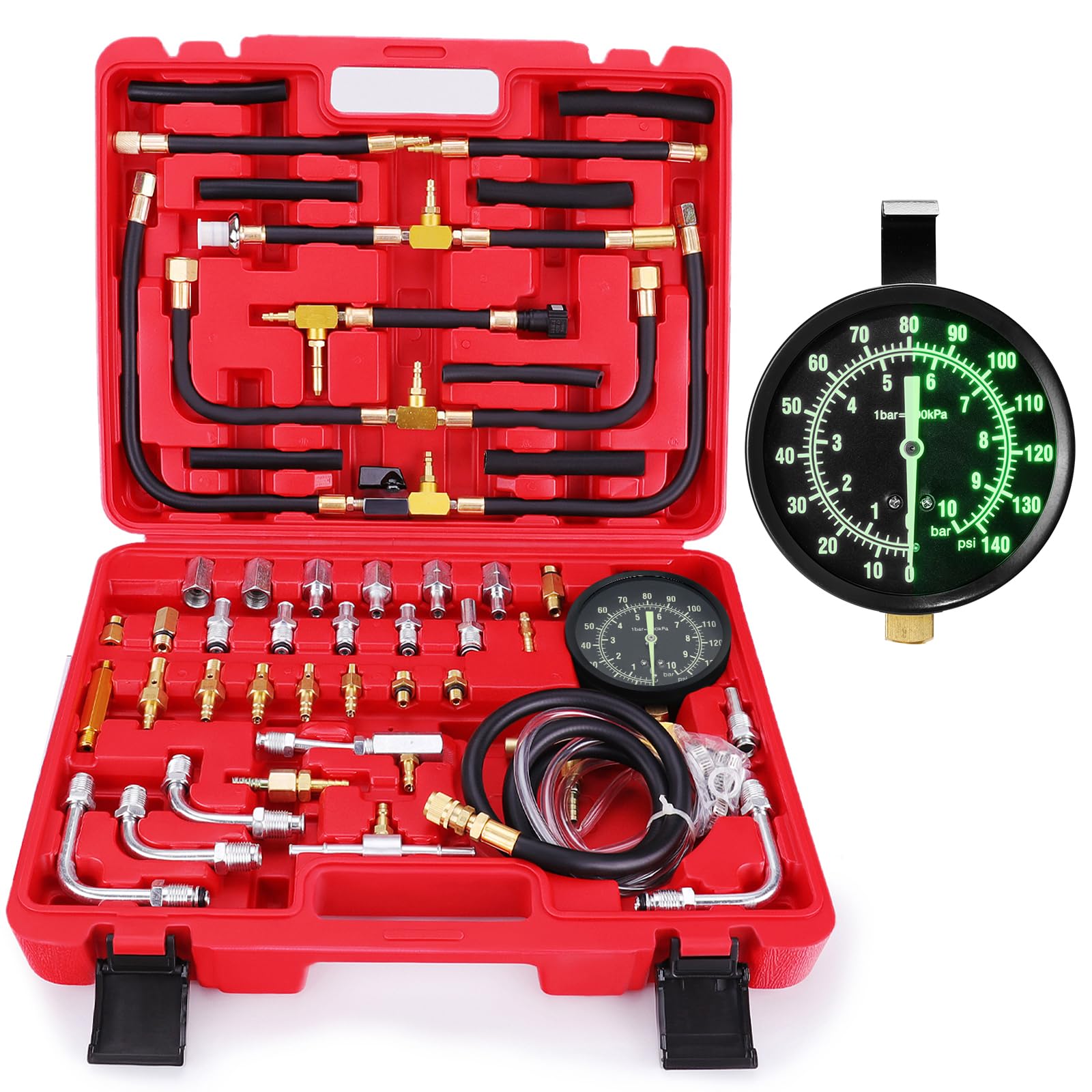 BETOOLL Pro Fuel Injection Pressure Tester Kit 0-140 PSI Fluorescent Gauge