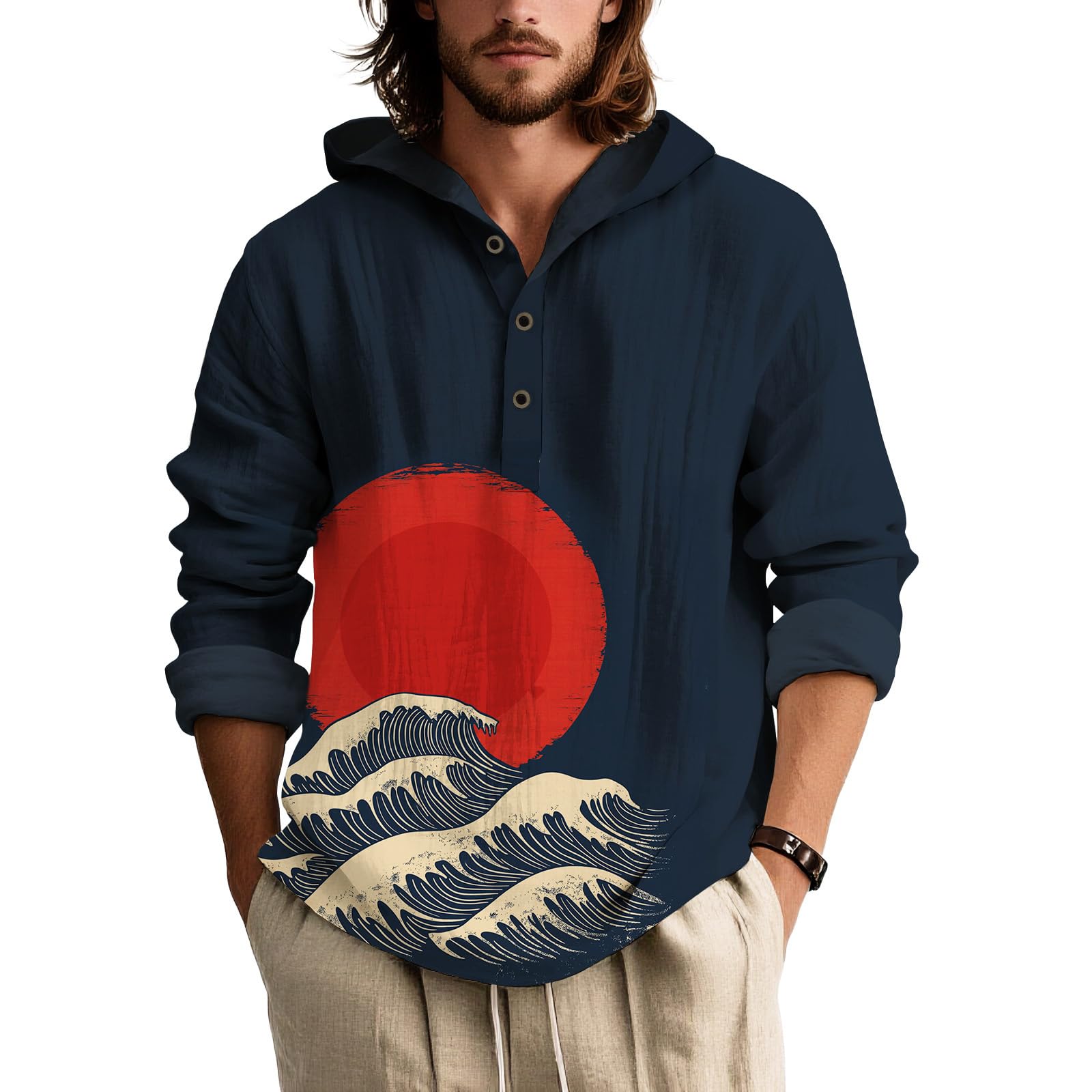Mens Long Sleeve Hooded Button Down Shirt Relaxed Fit Lightweight Botanical Print Beach Vacation Top