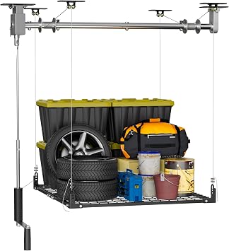 YOHKOH 4x4 Ft Overhead Garage Storage Rack with Lifting, 400lbs Garage Storage Lift for Ceiling, 59.1 Axle Heavy-Duty Metal Garage Ceiling Rack, Black