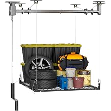 YOHKOH 4x4 Ft Overhead Garage Storage Rack with Lifting, 400lbs Garage Storage Lift for Ceiling, 59.1'' Axle Heavy-Duty Metal Garage Ceiling Rack, Black