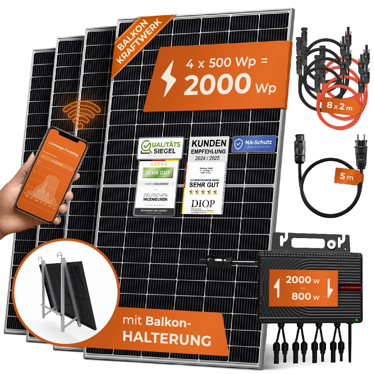 Solarway® Envertech Centrale électrique de balcon 2000 W, prise complète, onduleur 2000 W, panneau solaire 500 W, accessoires