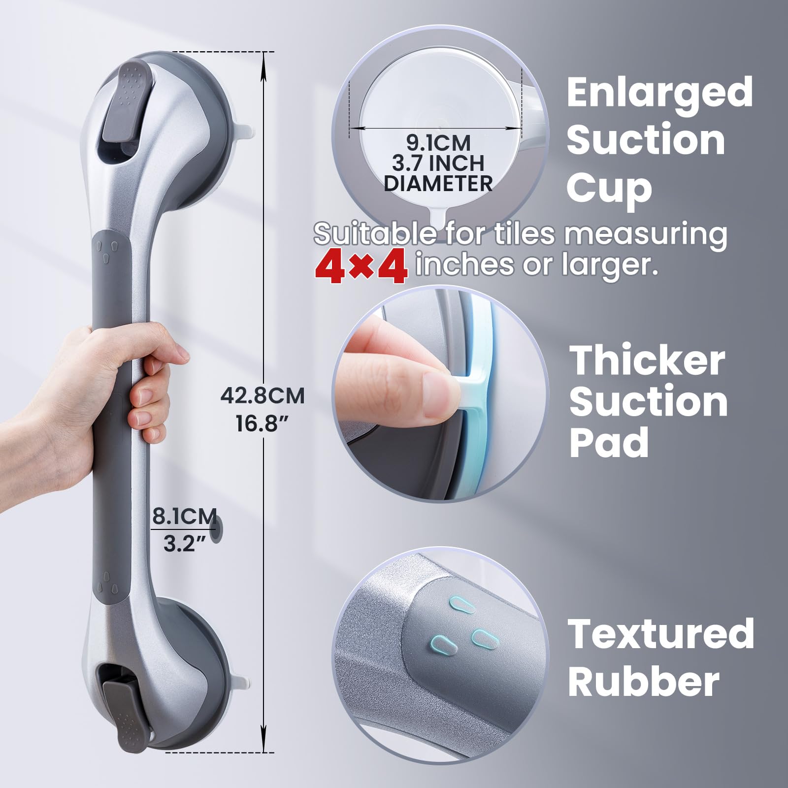 LEVERLOC Dusche Haltegriffe, 43 CM Duschgriff für Badewanne, MAX Halt 110 KG Haltegriff für Senioren, Dusche Griffstangen für ältere Menschen, Wasserdicht, kein Bohren & abnehmbarer Handlauf, Silber
