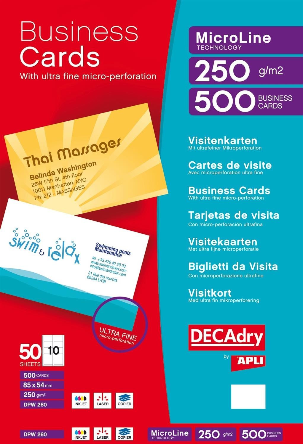 Pack de 50 hojas de 10 en blanco tarjetas de visita blanco 250 G/m²