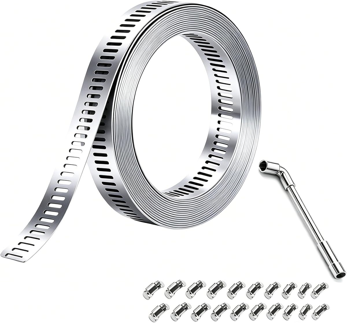 Large Hose Clamps 1/2IN, 304 Stainless Steel Assortment Kit, Cut-To-Fit 33ft Metal Strap 20 Fasteners L Socket Wrench, Worm Gear Hose Duct Clamp, Band Screw Clamps For Auto,Hvac,Duct,Pipe,Fuel Line