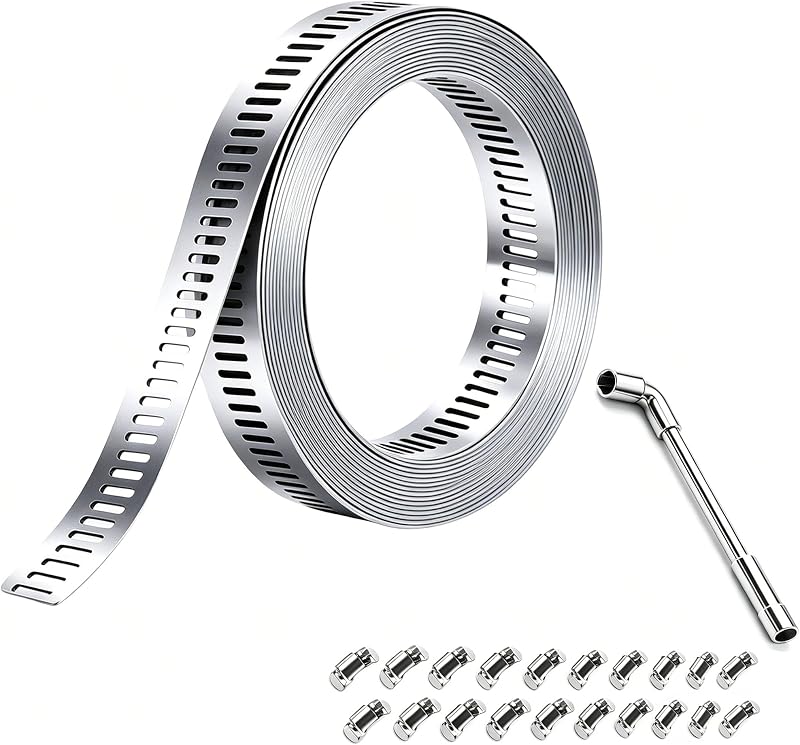 Large Hose Clamps 1/2IN, 304 Stainless Steel Assortment Kit, Cut-To-Fit 33ft Metal Strap 20 Fasteners L Socket Wrench, Worm Gear Hose Duct Clamp, Band Screw Clamps For Auto,Hvac,Duct,Pipe,Fuel Line