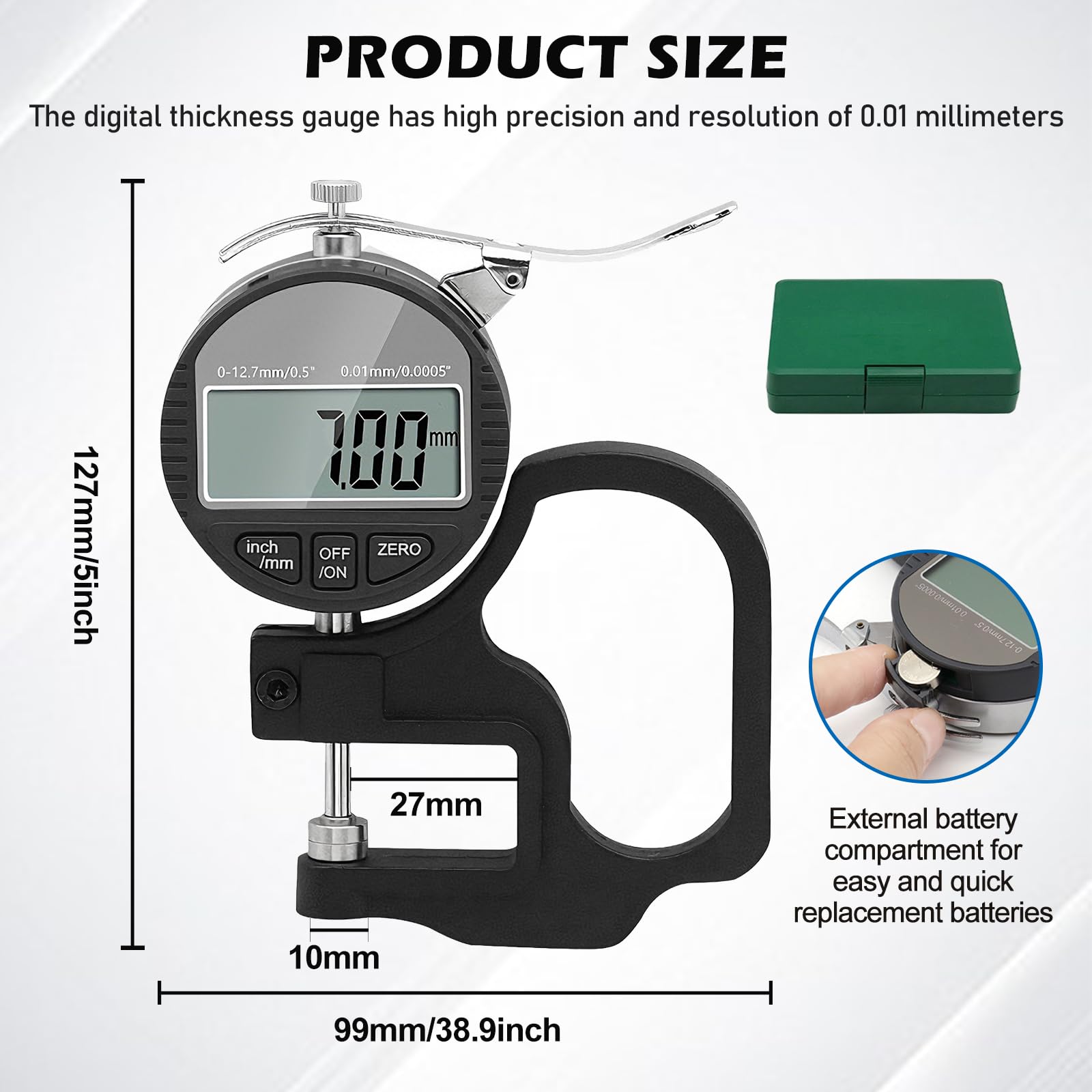 Misuratore di spessore digitale 0-12,7 mm precisione 0,01 μm portatile calibro spessore