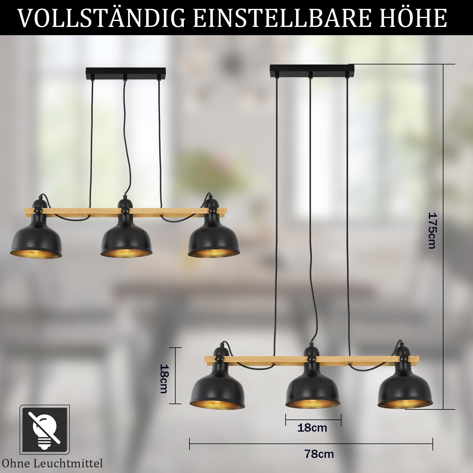 GBLY Hängelampe Vintage Pendelleuchte Holz Esstisch E27 Metall Hängeleuchte | 3 Flammig Holzbalken mit Schwarz Lampenschirm Retro Esszimmerlampe Industrial Esstischlampe für Küche Esszimmer