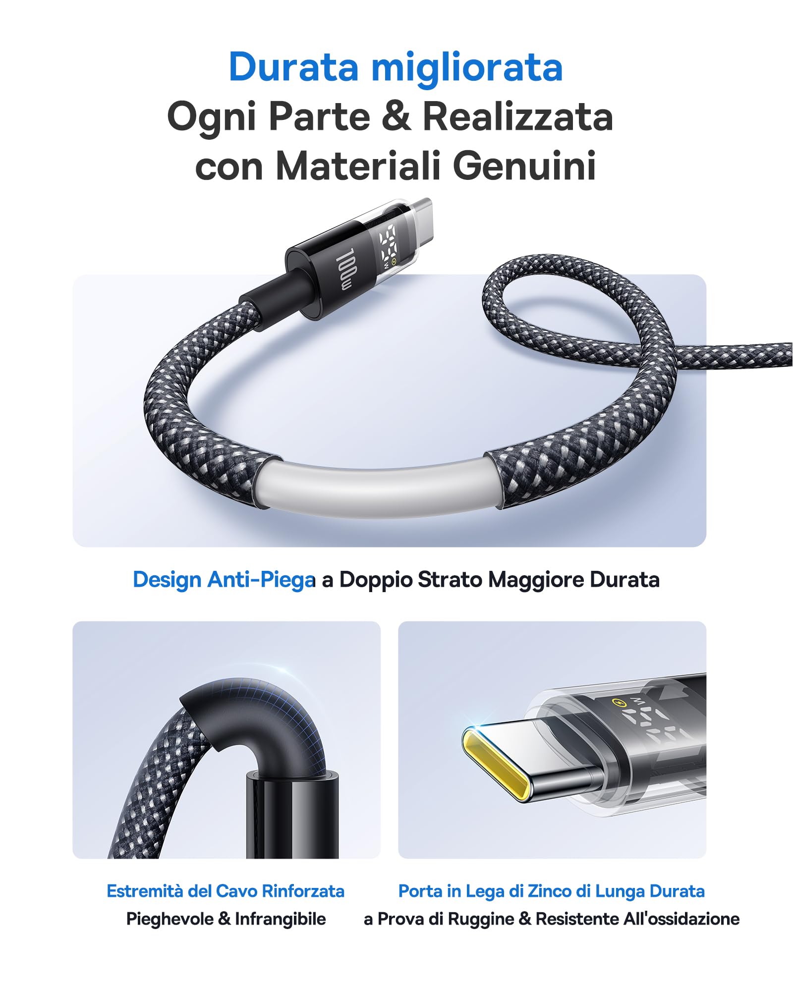 Baseus Cavo USB C con Display Digitale, Cavo di Ricarica Rapida da Tipo C a C da 100 W con 480 Mbps, Cavo intrecciato, Compatibile con iPhone16/16Pro/16Pro Max/15, Samsung S24U, MacBook, Surface, 2 m