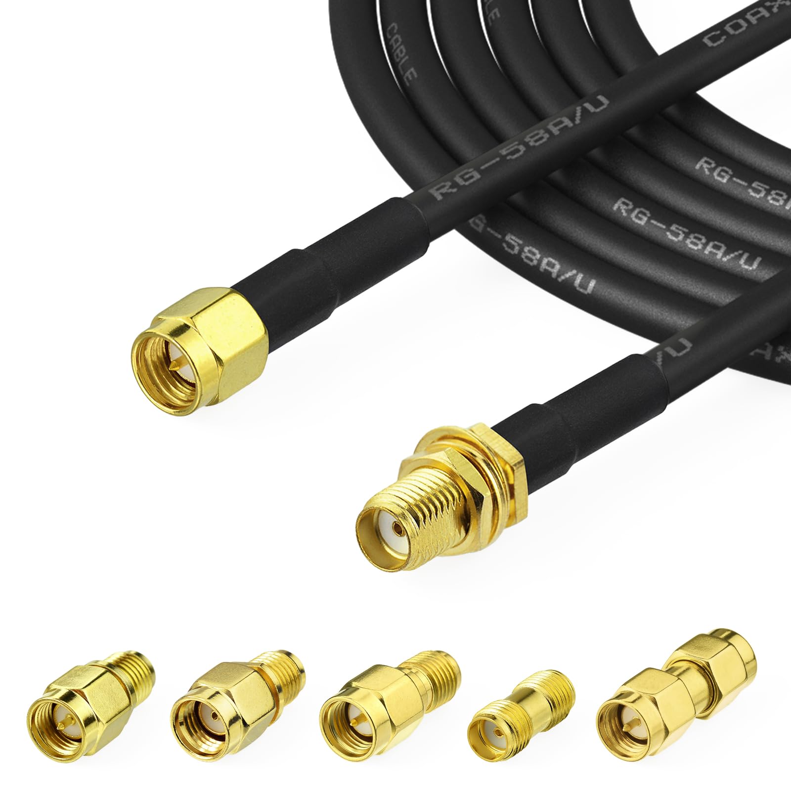 Superbat Cavo RG58 SMA 5m Prolunga Antenna WIFI SMA Maschio a Femmina a Bassa Perdita con 5 Pezzi Kit Adattatore per Antenna GPS SDR GSM WIFI 3G 4G LTE Router (Non per TV)