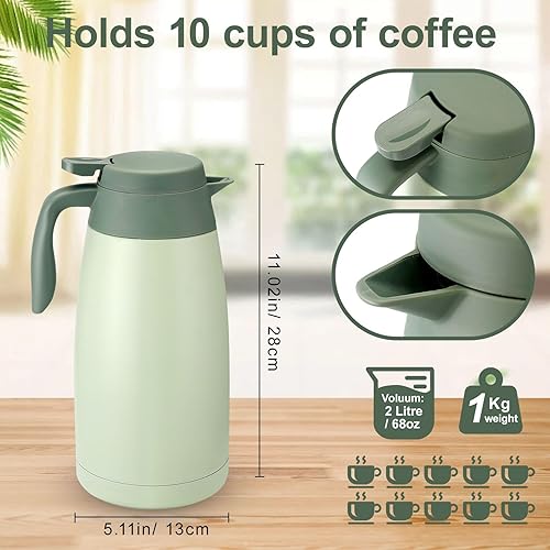 Miniatura 7 de Jarra térmica de café de 68 onzas de acero inoxidable con aislamiento al vacío, dispensador térmico de bebidas de doble pared, termo aislado al