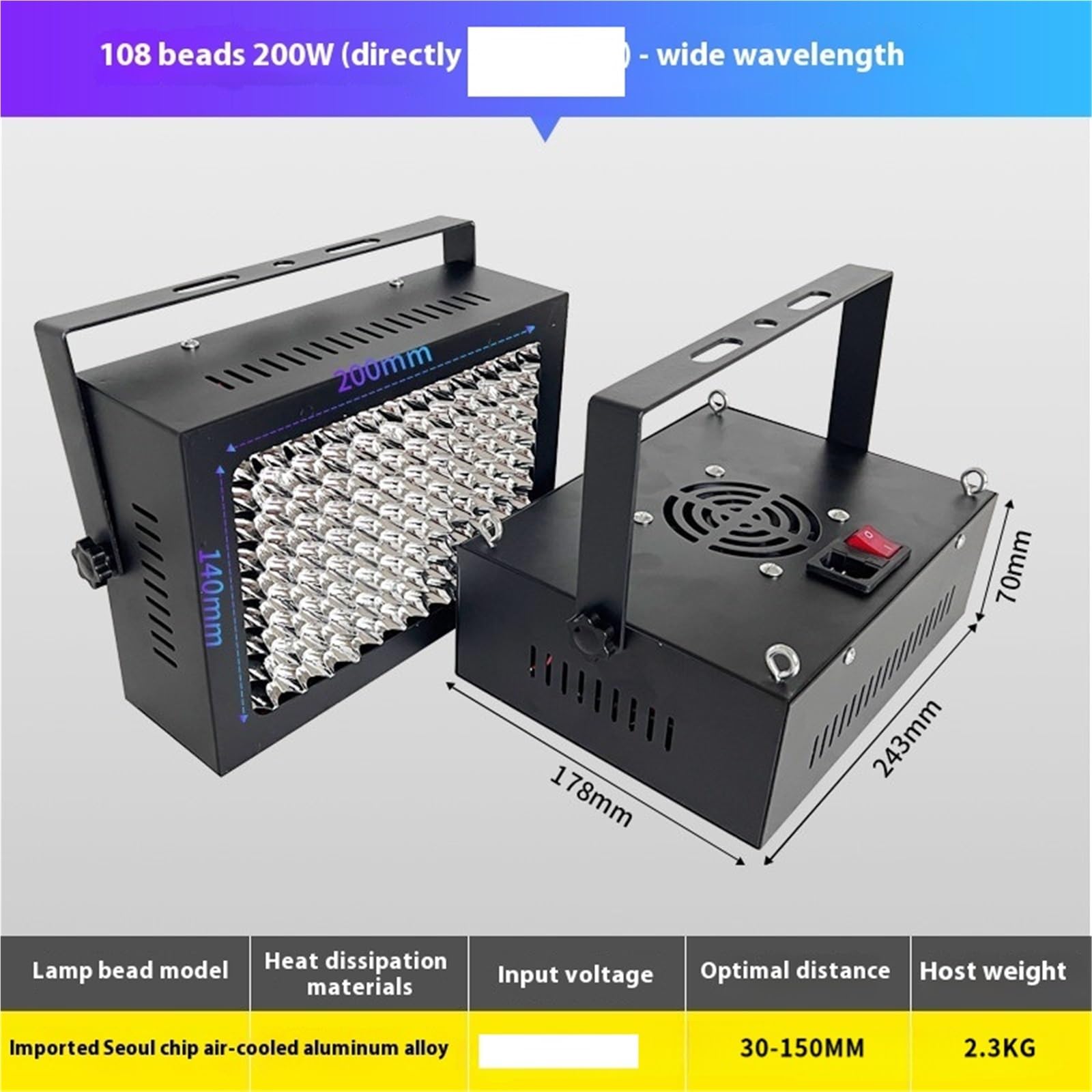 Światło UV, Lampa UV LED (365-405 nm) do klejów UV, tuszy, żywic i szybkiego utwardzania przy chłodzeniu powietrzem(200W-Wide wavelength)