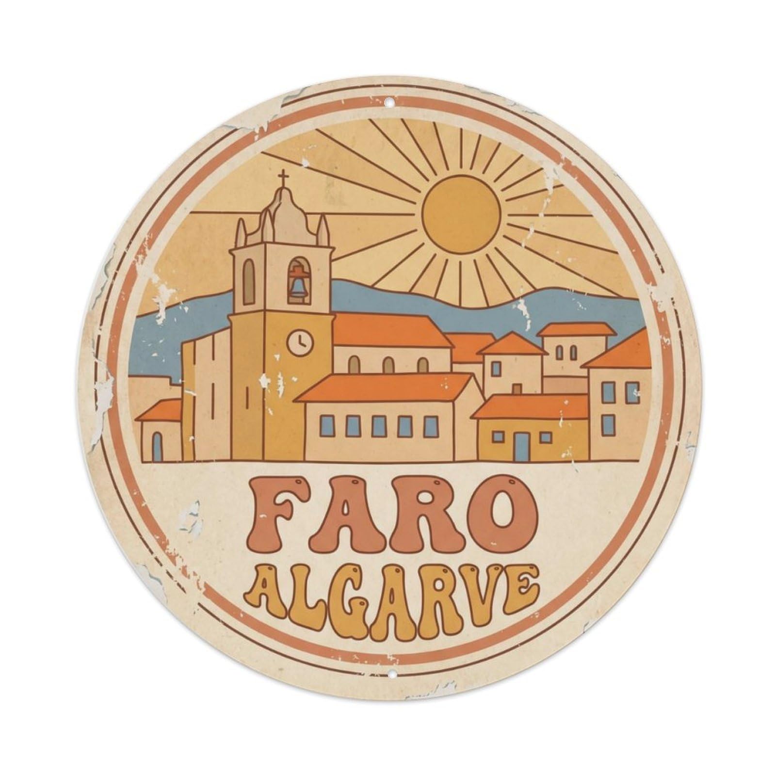 Vintage Travel Faro Old Town Portugal Metal Tin Sign Plaque Wall Decor for Cafe, Club Bar, Office, Home Garden Round Metal Poster 8x8Inch