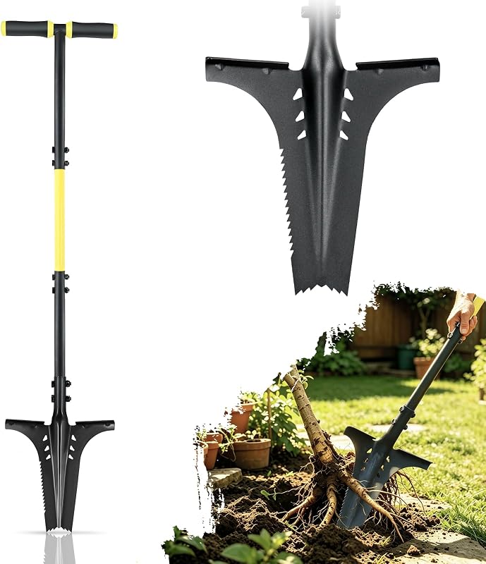 Thickened Root Shovel, 45 Inch Serrated Digging Spade | High Carbon Steel Blade| Serrated Cuts Roots Easily| Thickened Tension-tested Joint| Ideal for Trenching Landscaping Camping