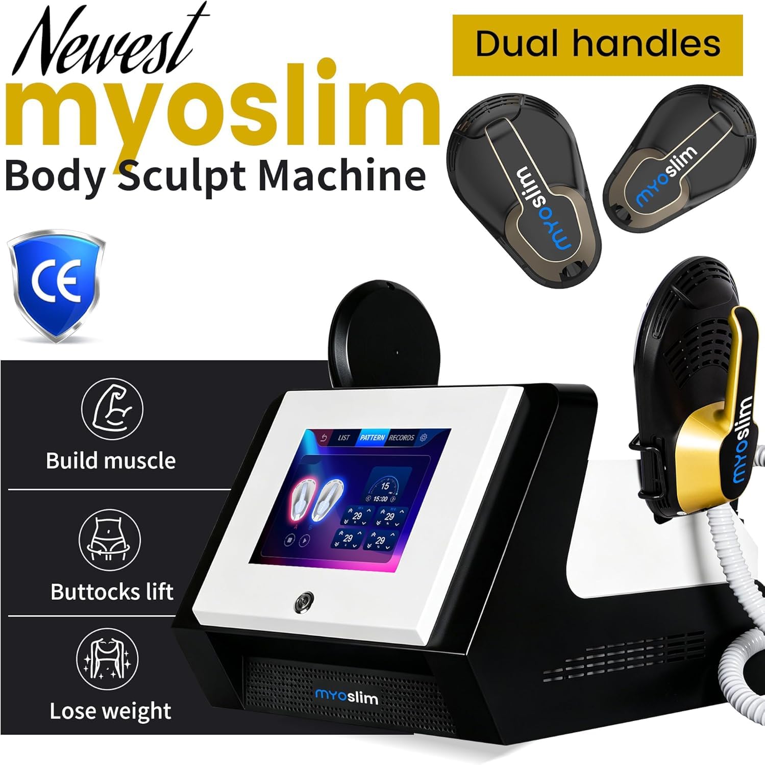 MYOslim EMS Körperformer Touchscreen, EMT+EMS Technologie, Fettreduzierung & Muskelstraffung, 2 Griffe, Grau,für Bauch, Hüften, Beine & Gesäß