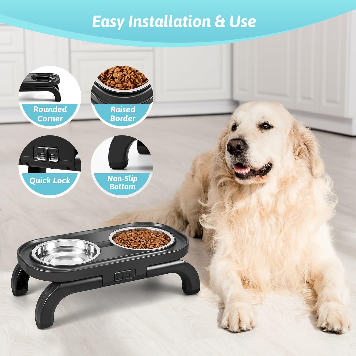Gamelles surélevées pour chien, support de gamelle surélevée réglable en hauteur avec bol d'eau anti-déversement et bol de nourriture antidérapant, station d'alimentation en métal pour chiens et chats