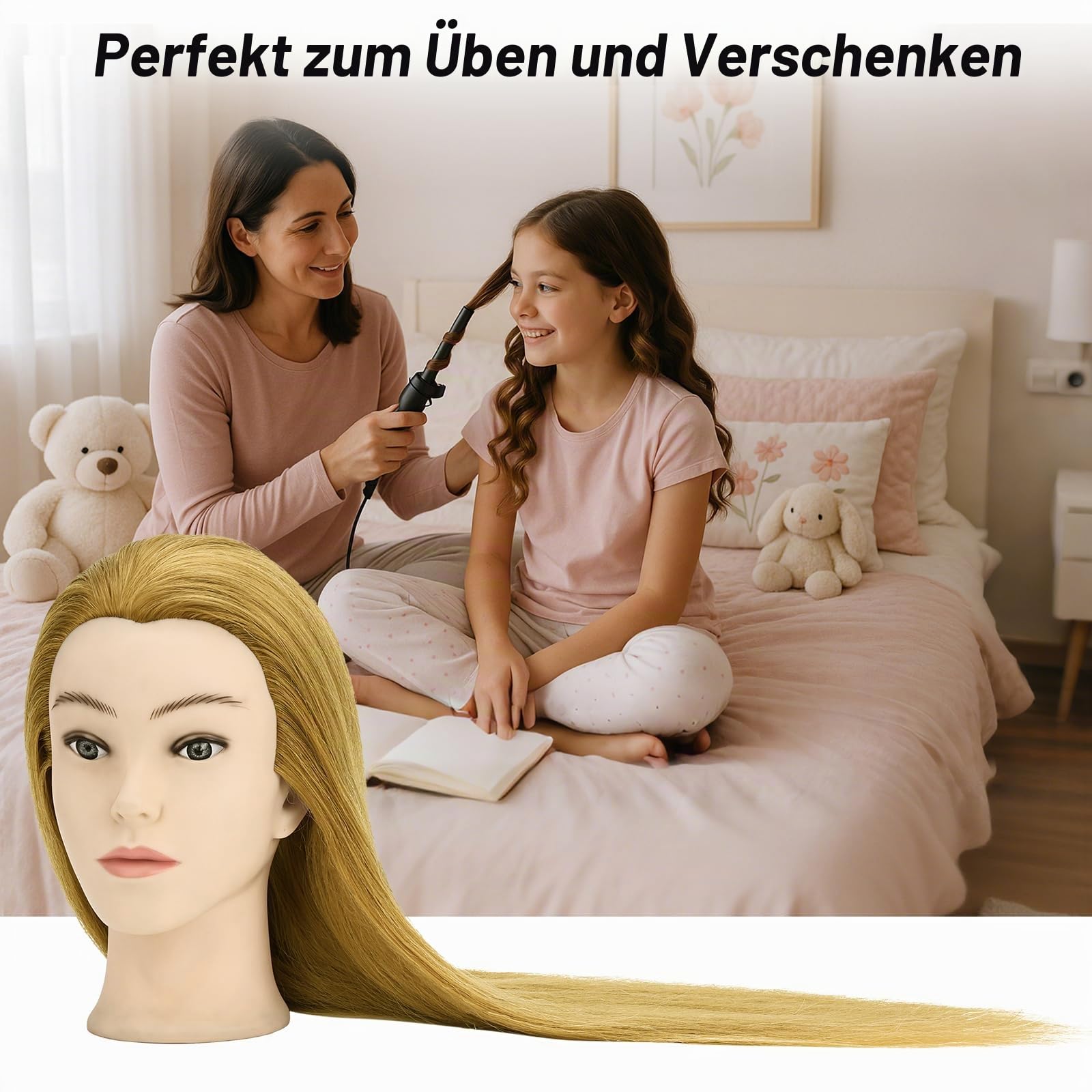 Frisierkopf Echthaar mit Stativ, Trainingskopf mit 90% Echthaar 61cm/24inch, Schaufensterpuppe Kopf Übungskopf, Frisieren Kosmetologie Puppe Kopf mit Tischklemme Halter und Friseur-Werkzeug-Set