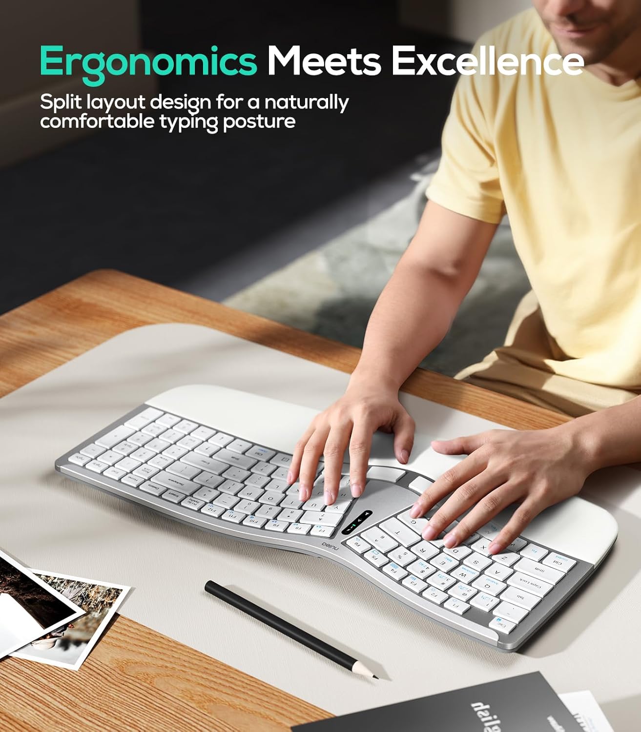 Nulea RT07B Wireless Ergonomic Keyboard - Split Keyboard, Wrist Rest, Natural Typing, Bluetooth and USB Connectivity, USB-C Rechargeable,Compatible with Windows Mac (Grey White)